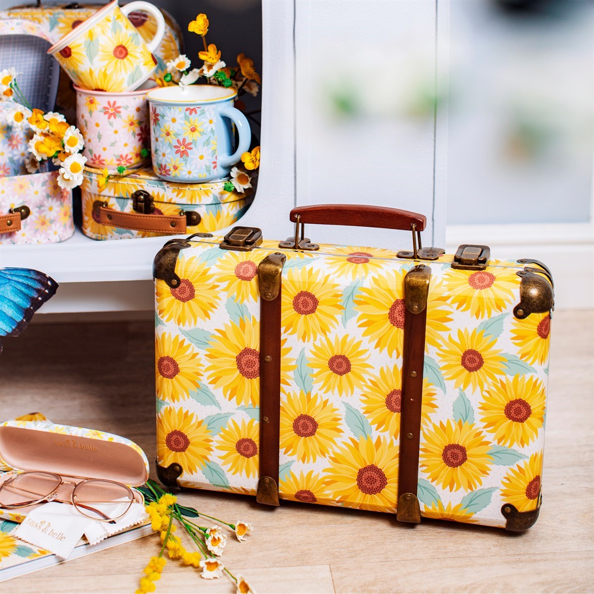Sass & Belle Set Of 2 Small Sloth Sunflower Floral Safari Storage Suitcases 
