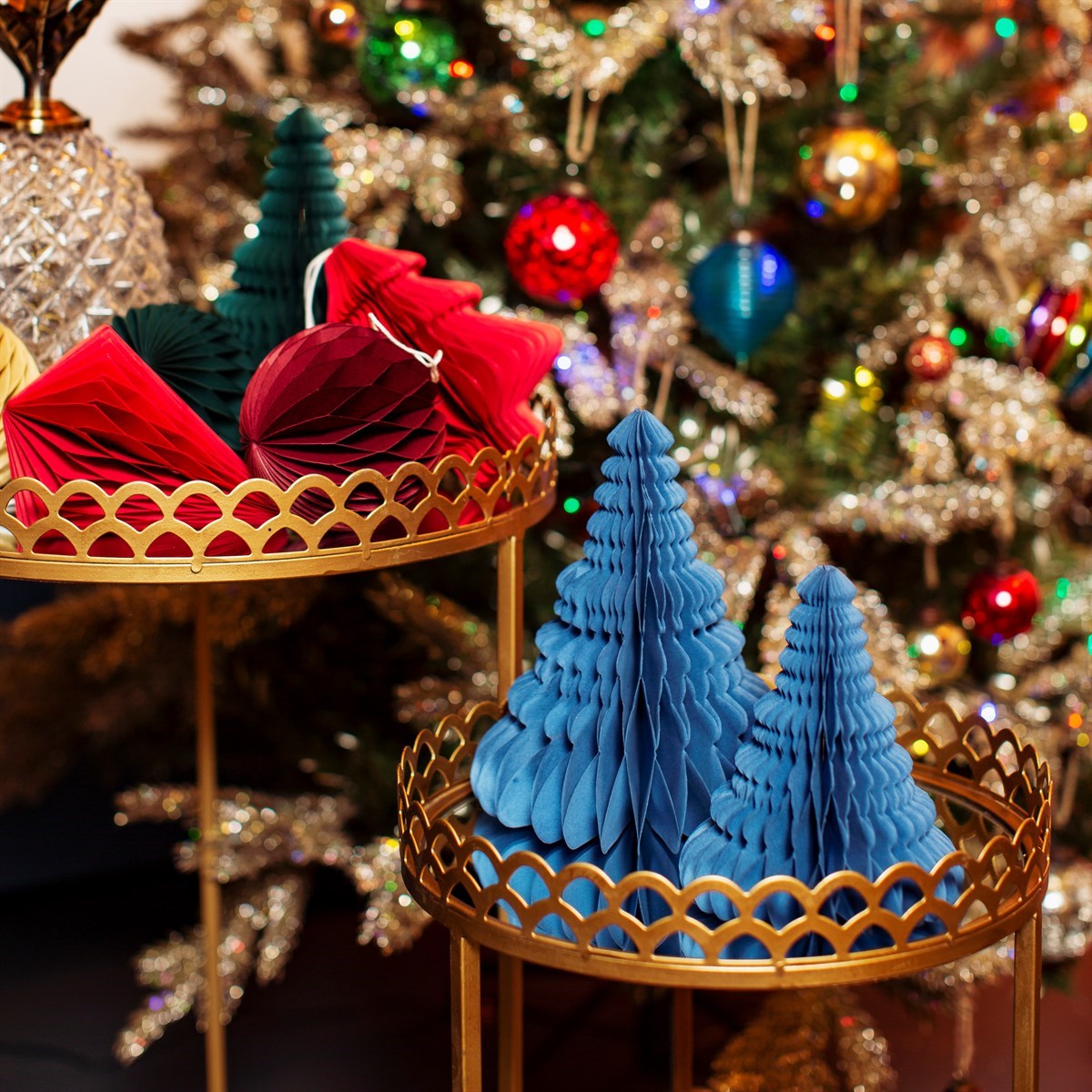 Blue Honeycomb Tree Standing Decoration Set of 2