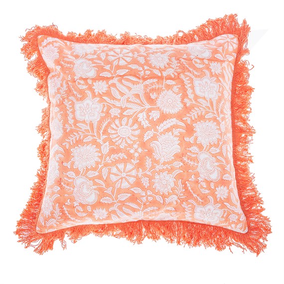 Block Print Fringed Cushion Cover Terracotta