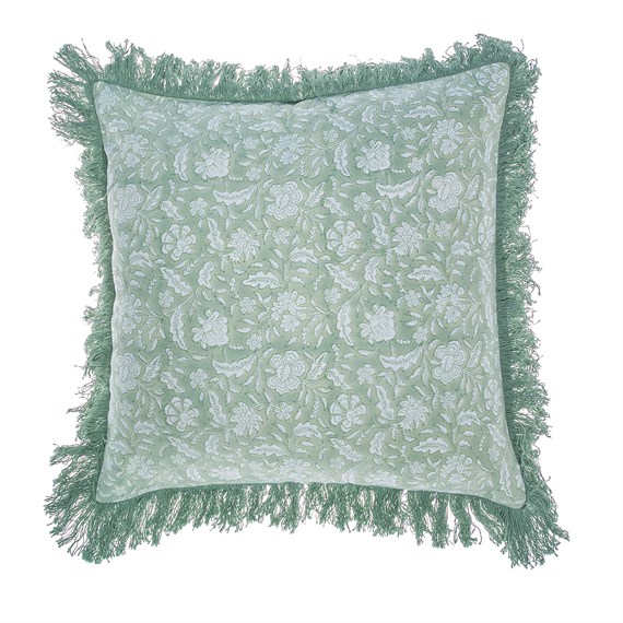 Block Print Fringed Cushion Cover Green