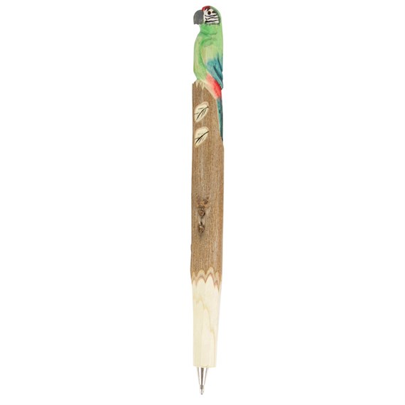 Green Parrot Paradise Slim Carved Wooden Pen