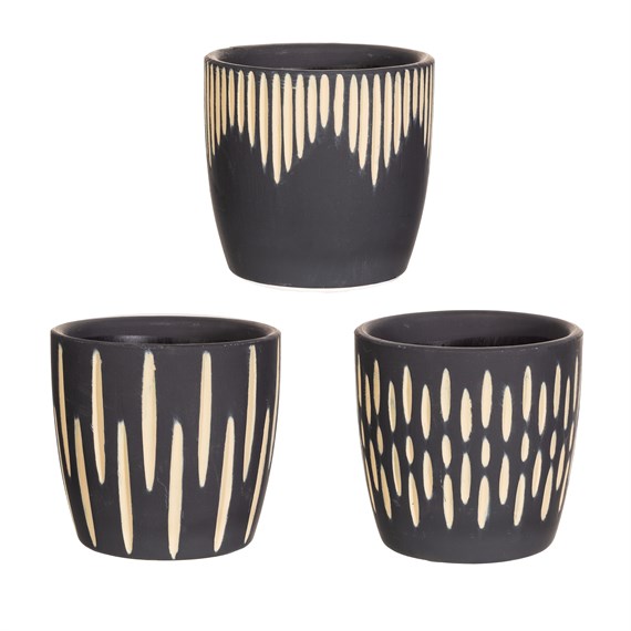 Black Sgrafitto Mini Planters - Set of 3