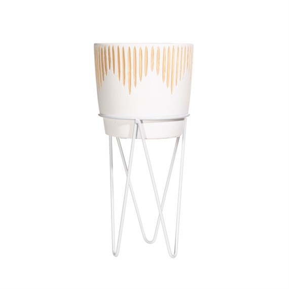 White Sgrafitto Planter with Wire Stand