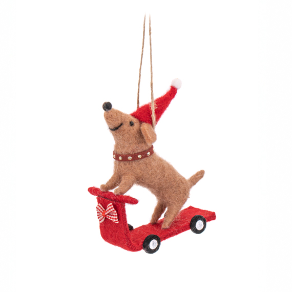 Santa Sausage Dog on a Scooter Felt Decoration