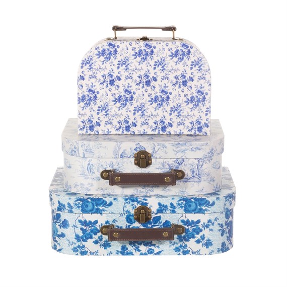Celeste Blue and White Floral Suitcases - Set of 3