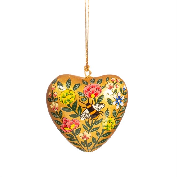 Kashmiri Floral Heart with Bee Papier Mache Hanging Decoration
