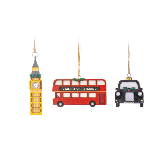 London Flat Wooden Decorations - set of 3