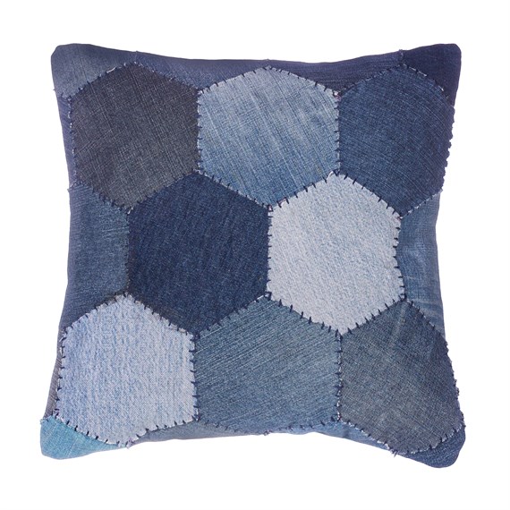 Denim Hexagon Patchwork Blue Cushion Cover