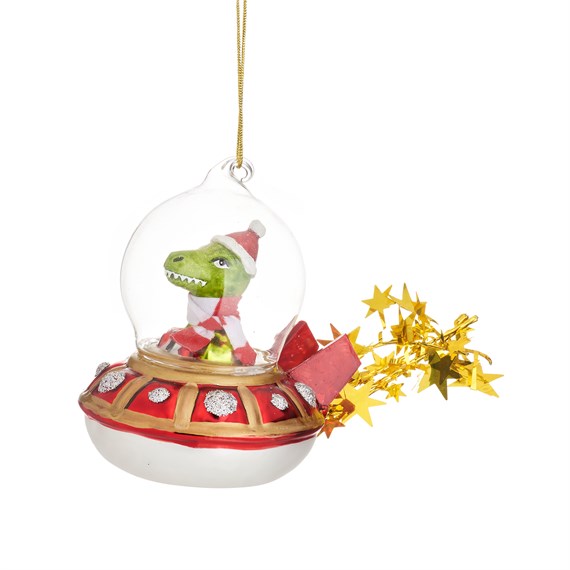 Dinosaur in a UFO Shaped Bauble