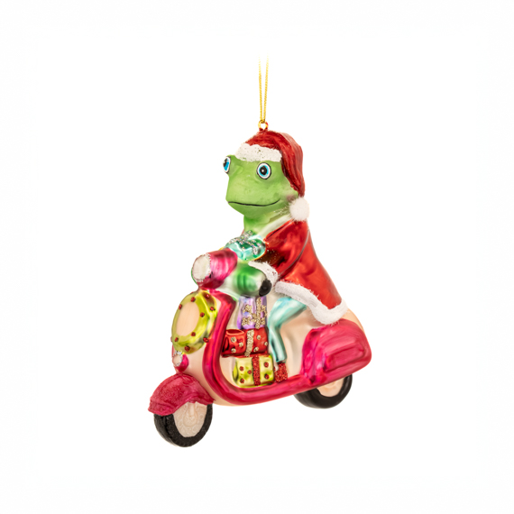 Santa Frog on a Scooter Shaped Bauble