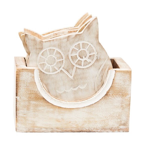 Set of 6 Wooden White Owl Coasters