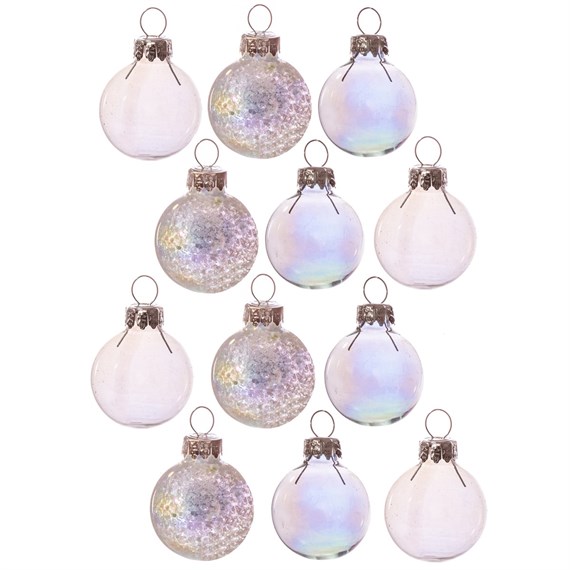 Mini White Irridescent Baubles - Set of 12