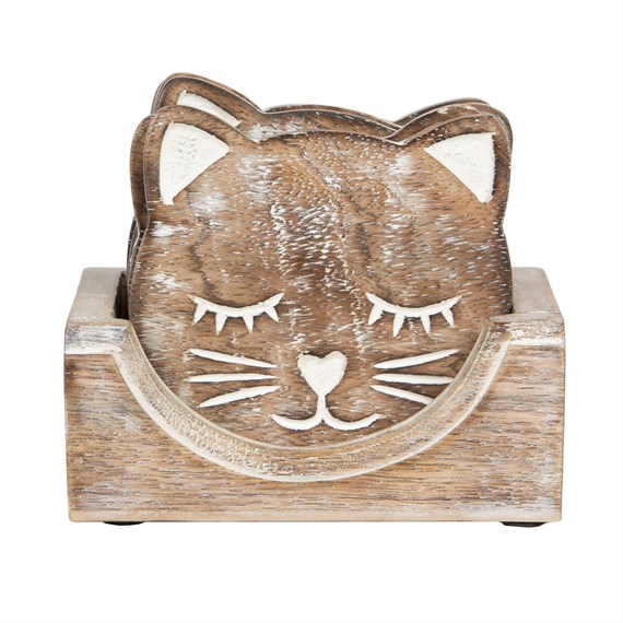 Wooden Brown Carved Cat Coaster - Set of 6
