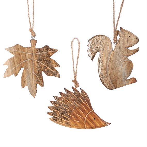 Carved Woodland Decorations - Set of 3