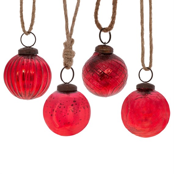 Red Crackle Glass Bauble - Set of 4