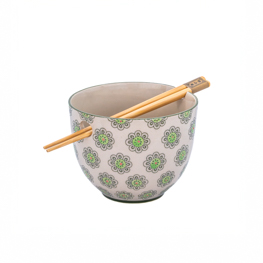 Geometric Print Green Noodle Bowl - With Chopsticks